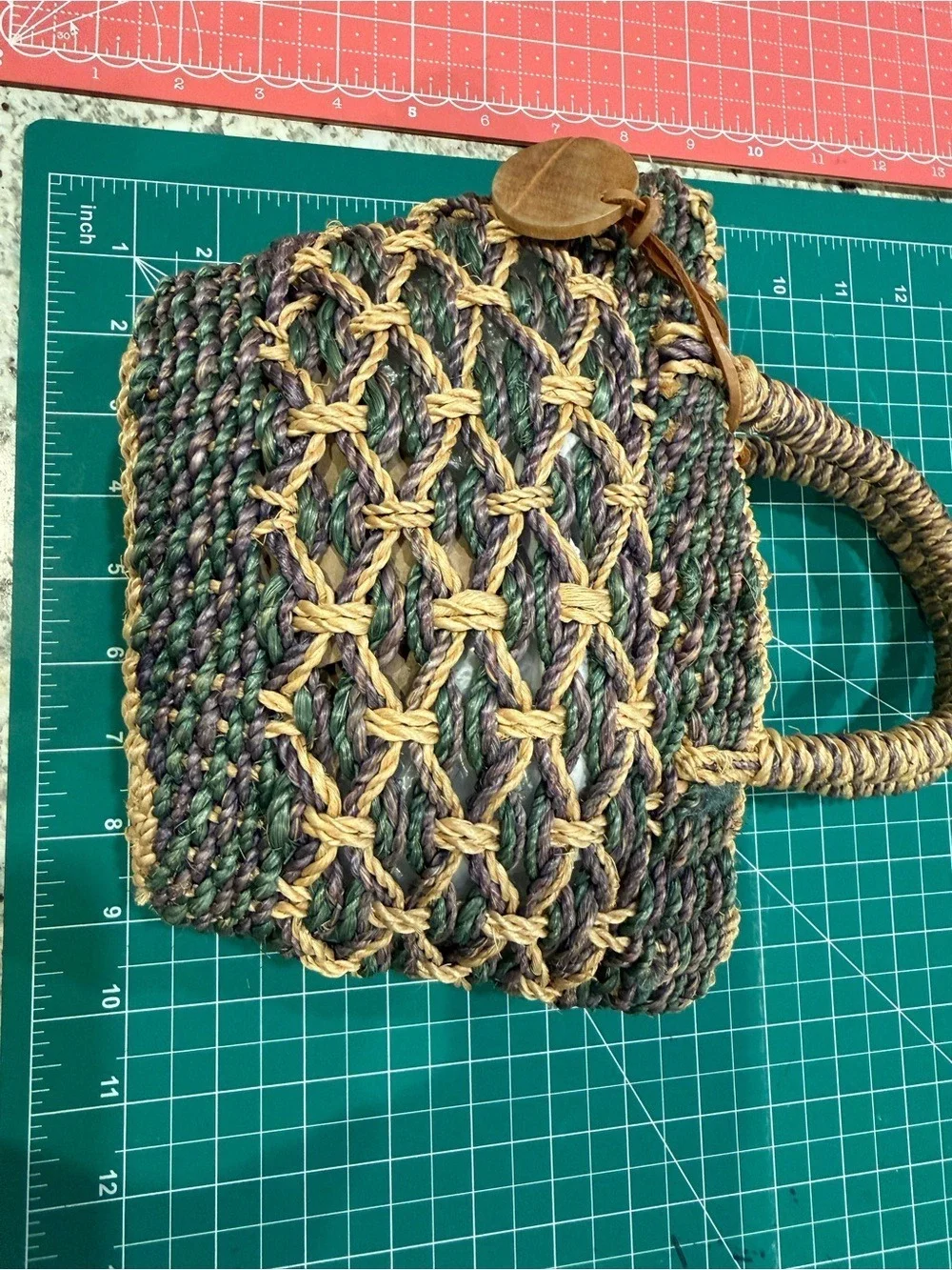 Nine West Woven Straw Mini Tote Purse Neutral Green Tan Open Weave Beach Bag
